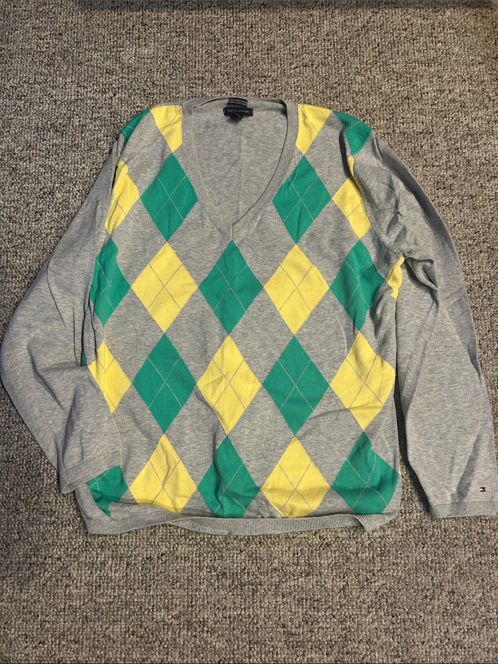 Tommy Hilfiger Gray V-Neck Argyle Sweater with Green and Yellow Diamonds